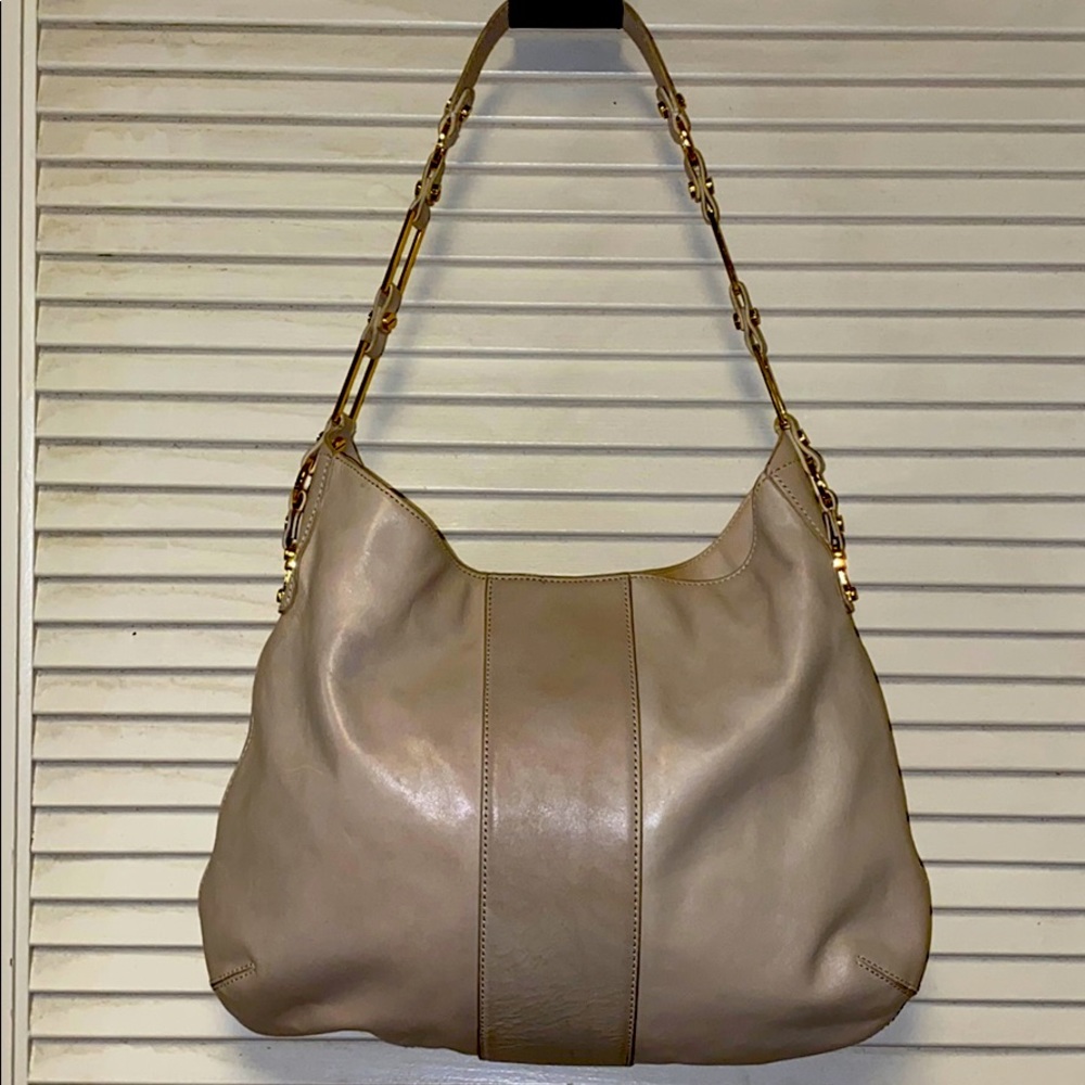Tory Burch Taupe Leather Shoulder Bag with Gold Hardware